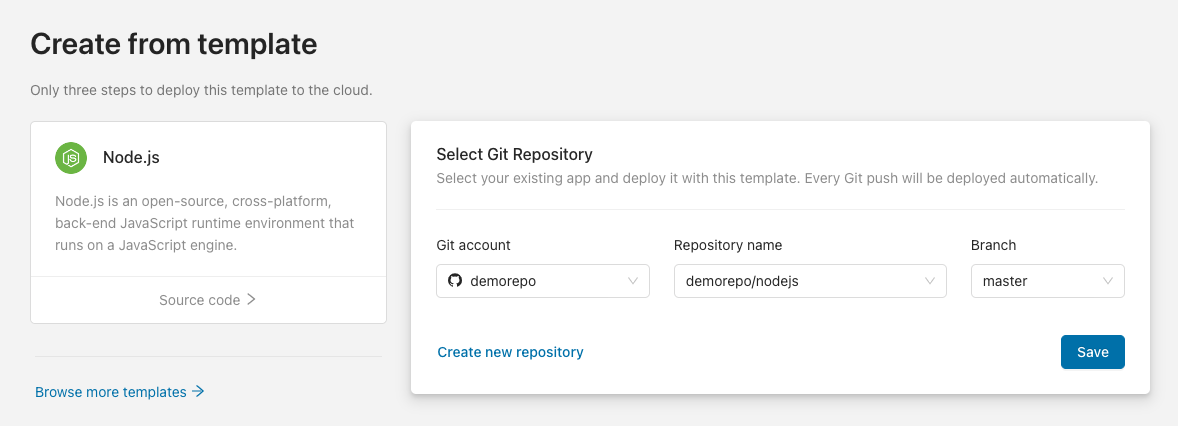 Importing a Git repository when connecting an existing Node.js application in Microtica