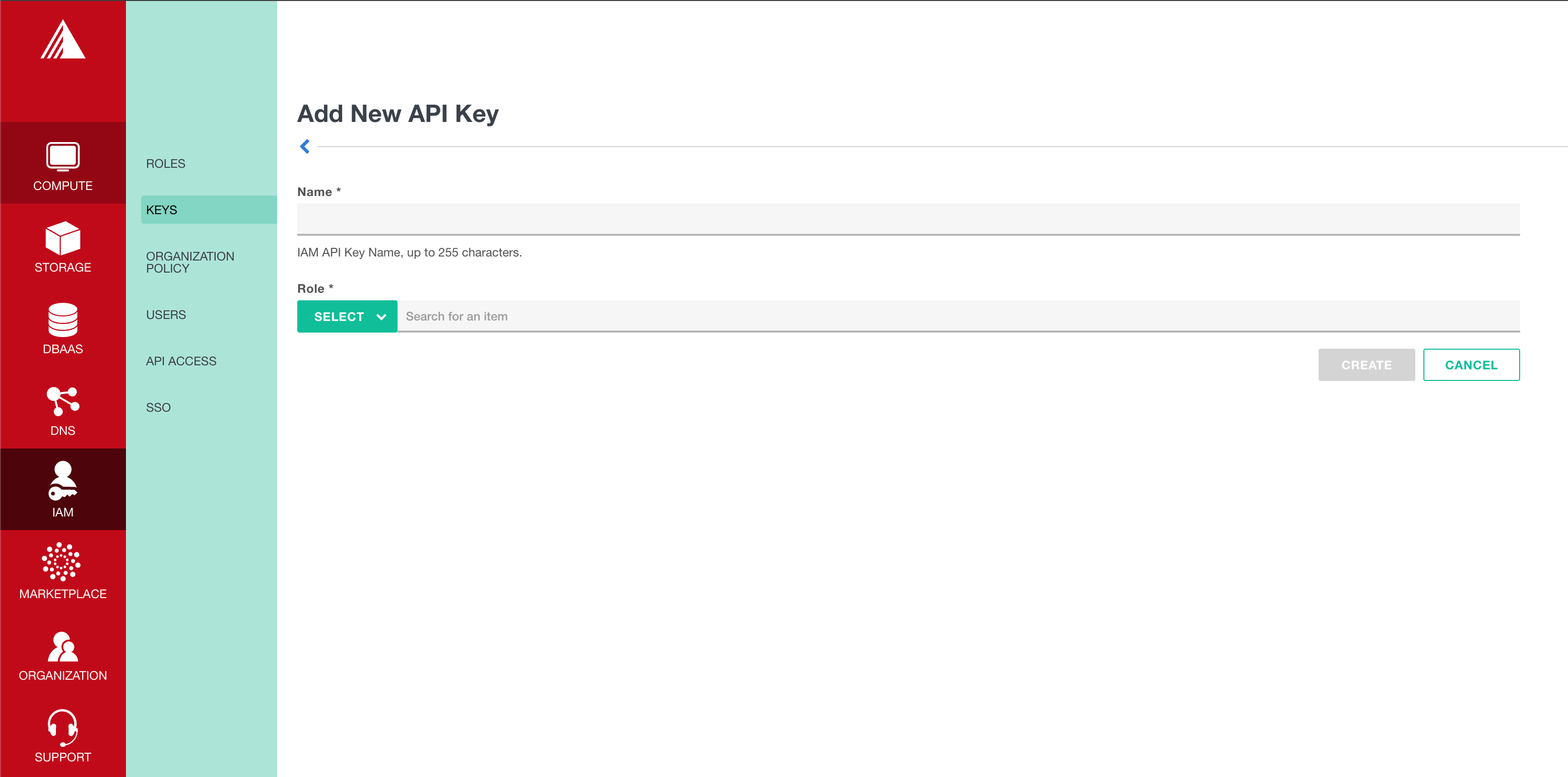 Creating an API key under IAM > KEYS in the Exoscale Console
