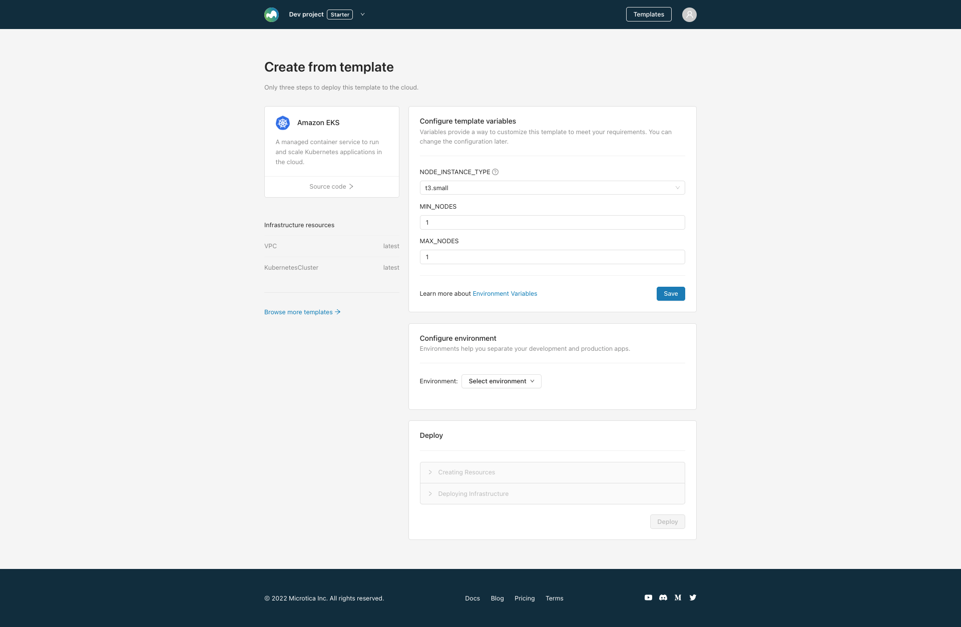 Configure the template in Microtica Configuring the EKS template variables in the Microtica console