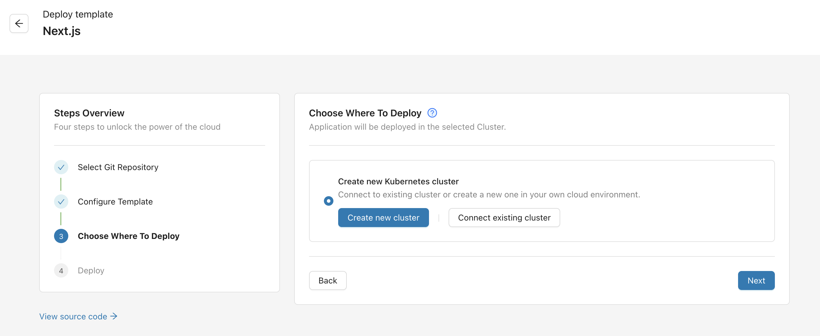 Selecting a Kubernetes cluster for the application in the Microtica console