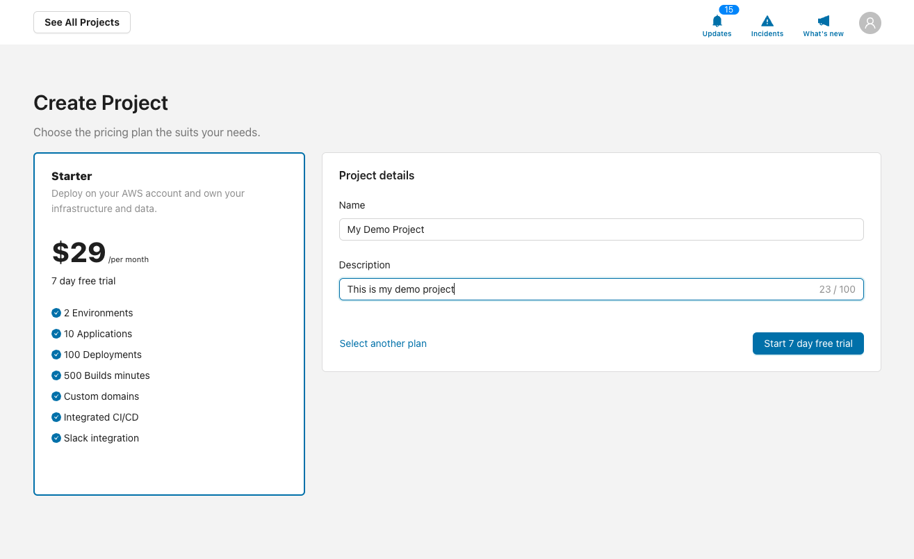 Create Project screen in the Microtica console