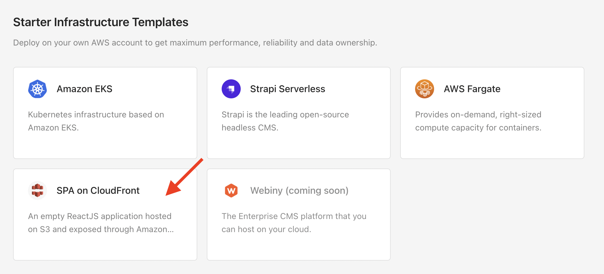 2. Select the SPA on CloudFront template Selecting the SPA on CloudFront template in the Starter Plan Templates section of the Microtica console