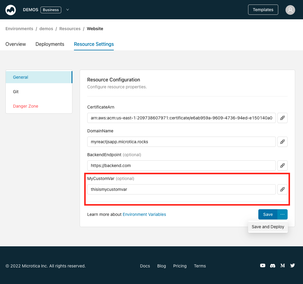 Entering the value of a new custom environment variable in the Website resource settings in Microtica
