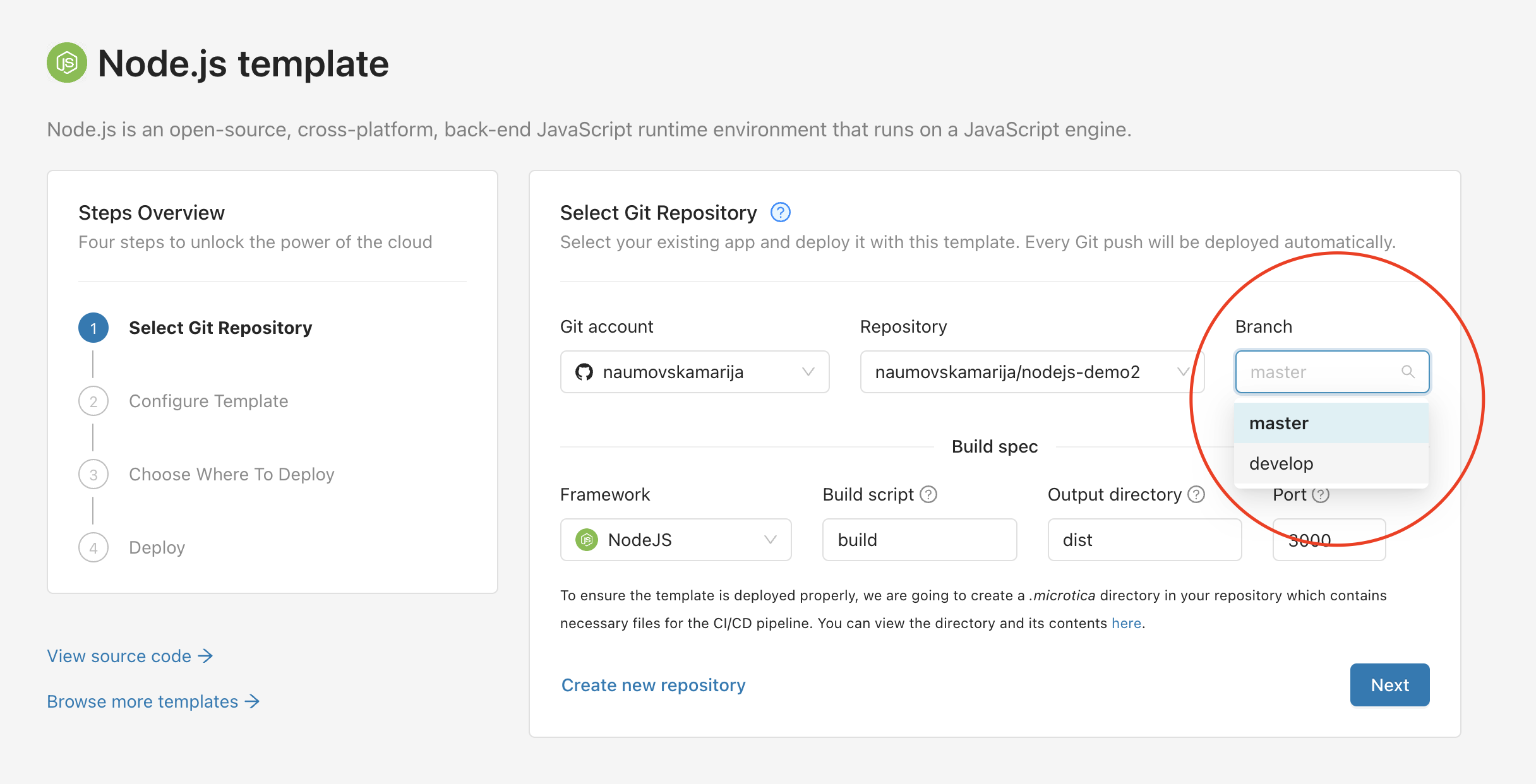 Deploy a Node.js template form in the Microtica console
