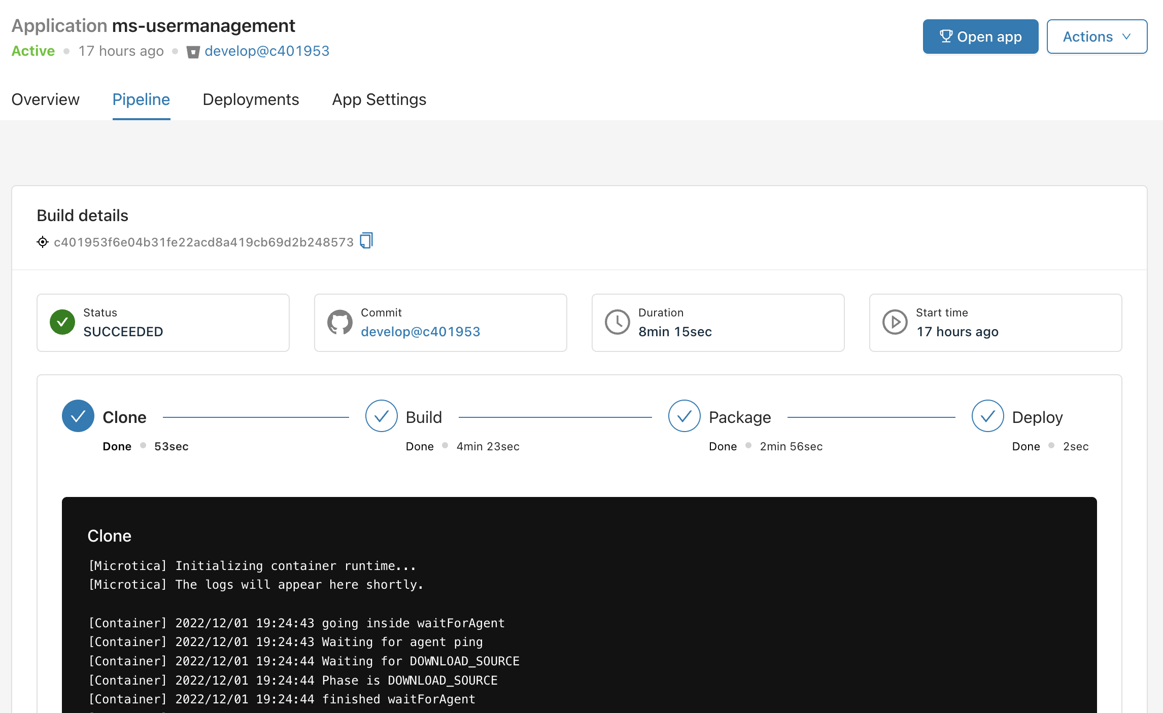 A pipeline build running for an application in Microtica