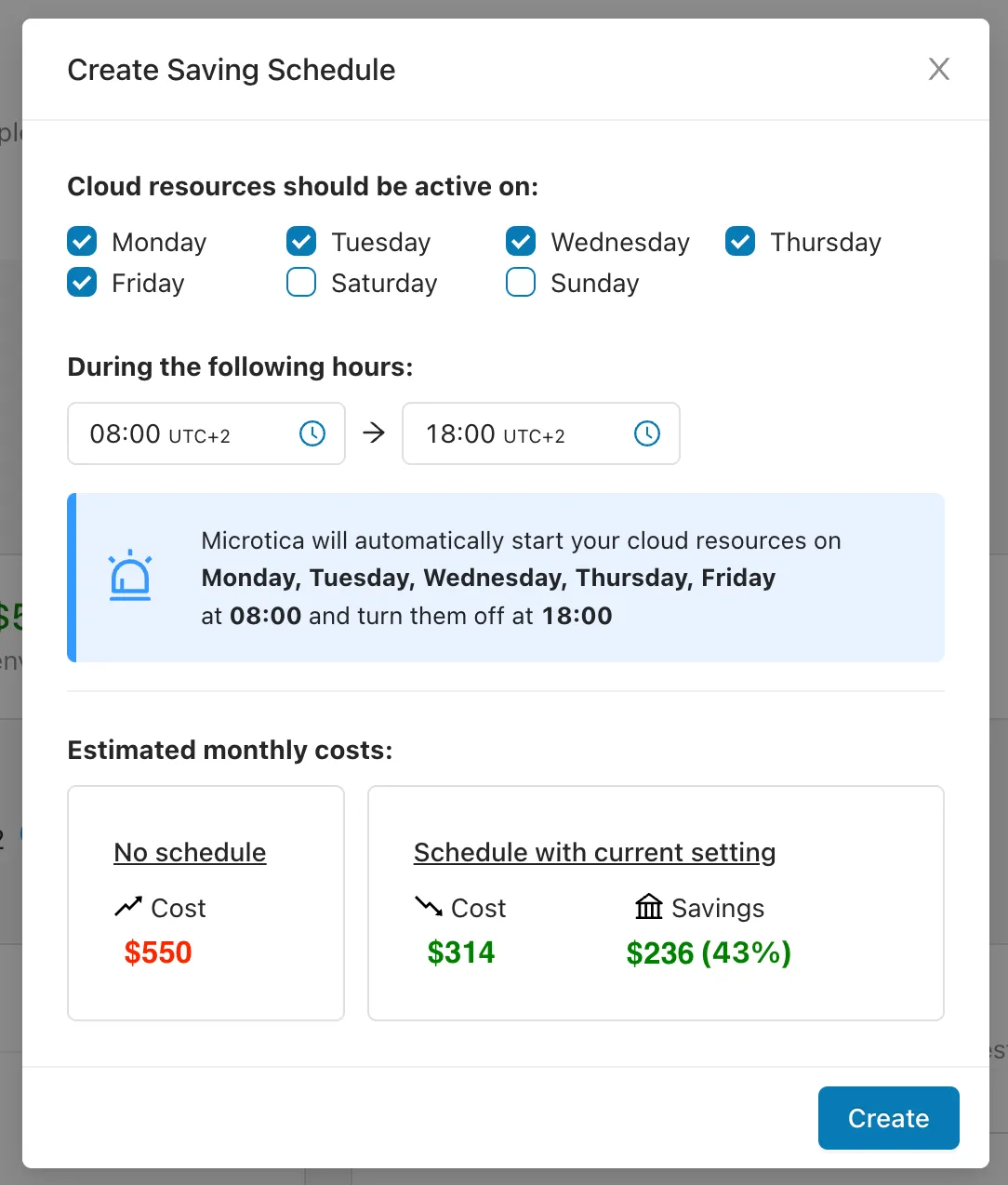 A cost-saving schedule configuration in the Microtica console