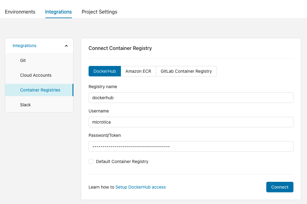 Container Registries section in the Microtica console
