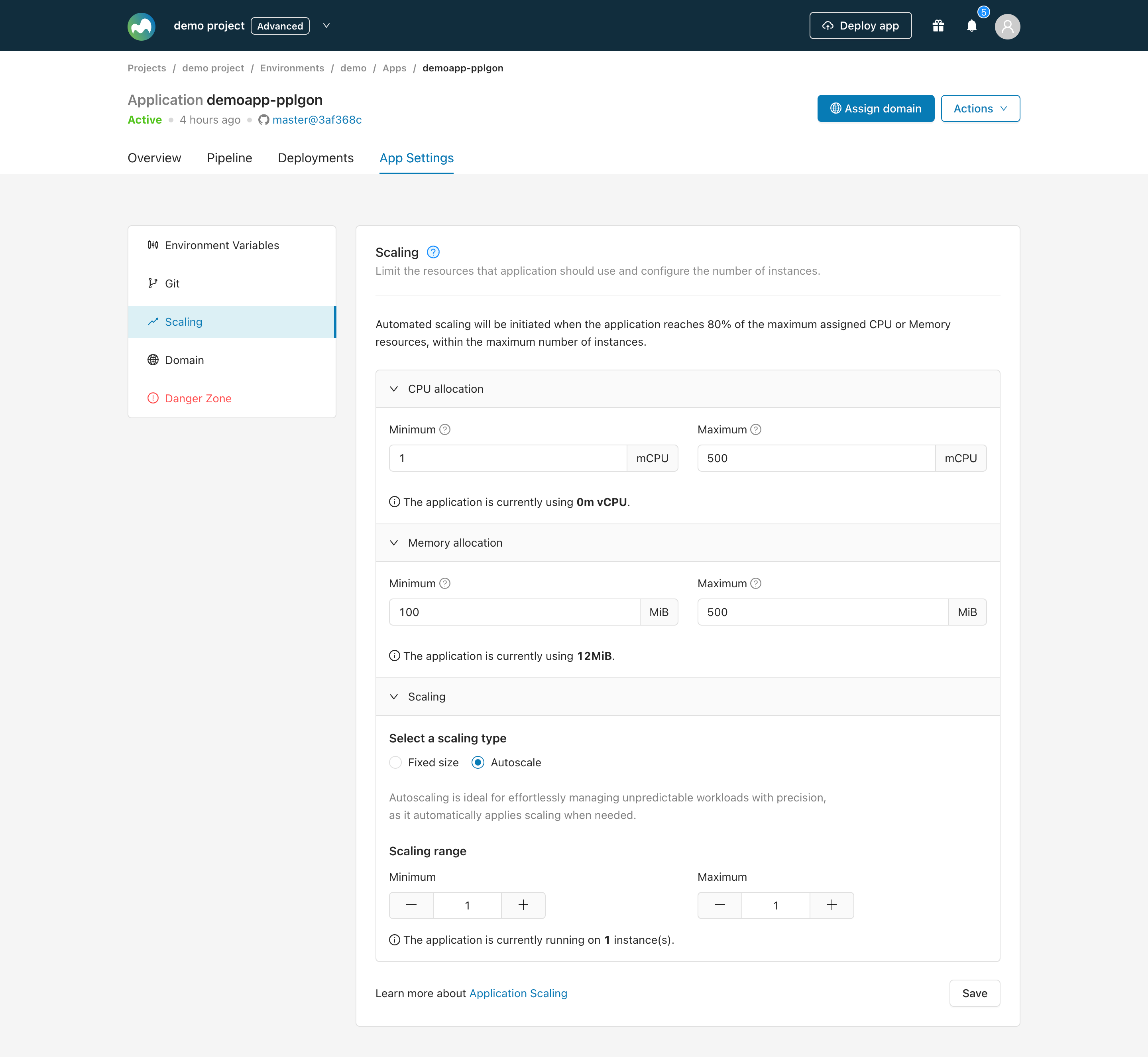 Scaling configuration in the Microtica App Settings tab
