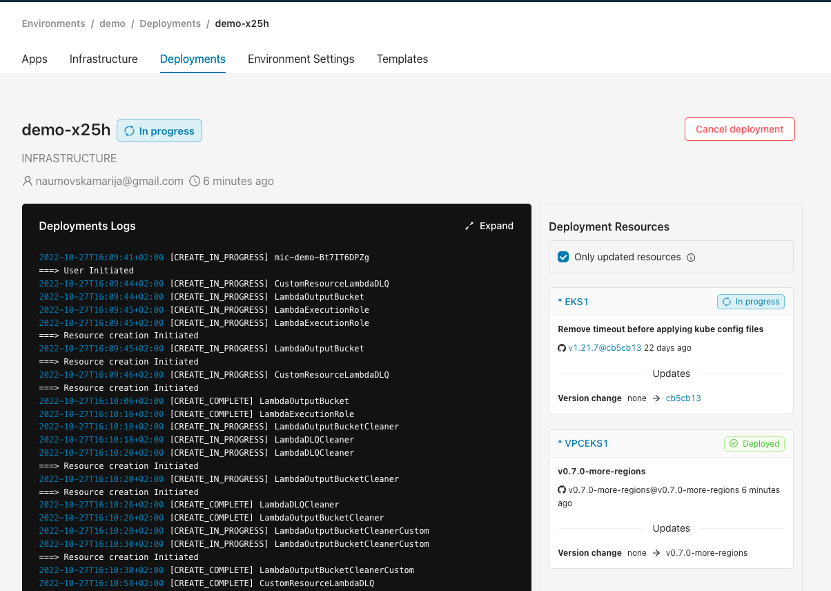 Detailed deployment logs in the Microtica console
