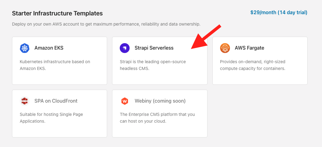 Select Strapi Serverless template Selecting the Strapi Serverless template in the Microtica console