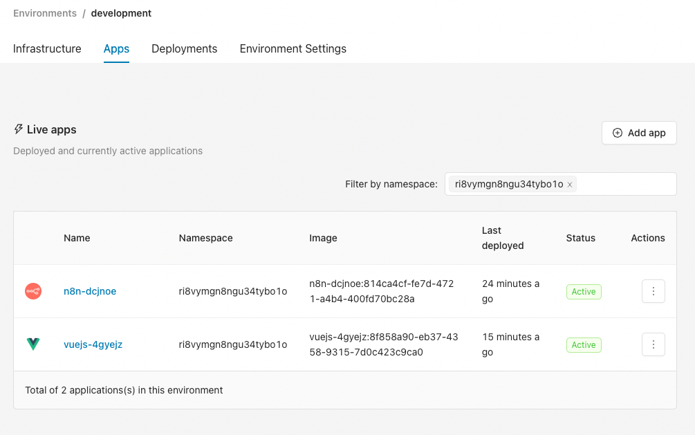 View applications screen Apps tab showing live applications running on the cloud