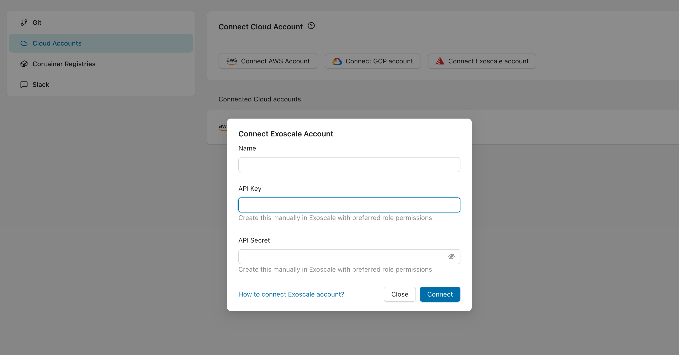 Connect Exoscale account modal in the Microtica console