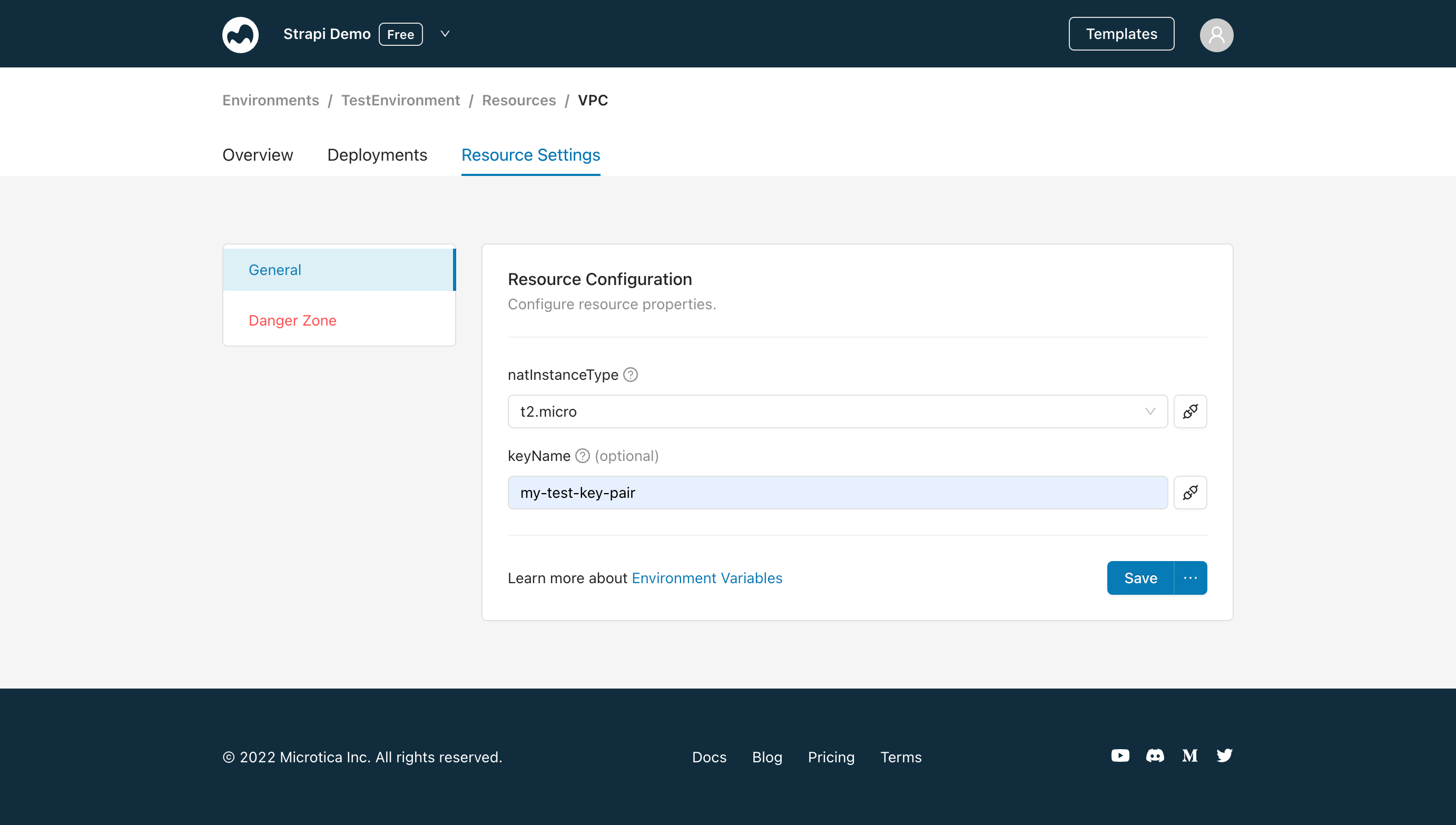 Configuring the VPC resource with your key pair name in Microtica