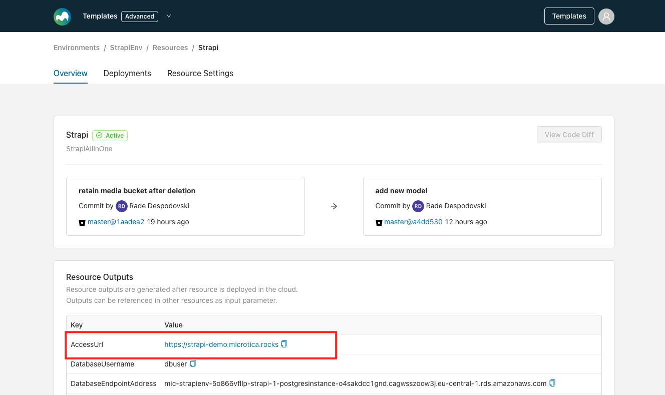 Strapi Template AccessUrl The AccessUrl parameter in the Strapi template resource outputs