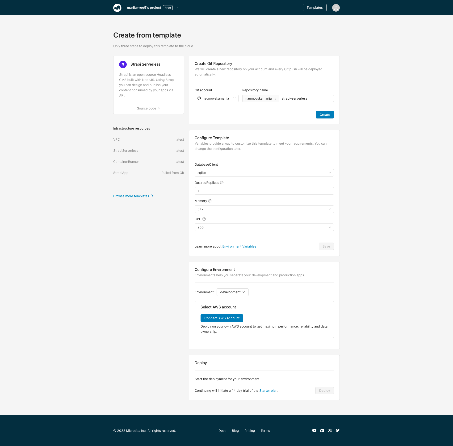 Strapi serverless template preview Preview of the Strapi Serverless template in Microtica