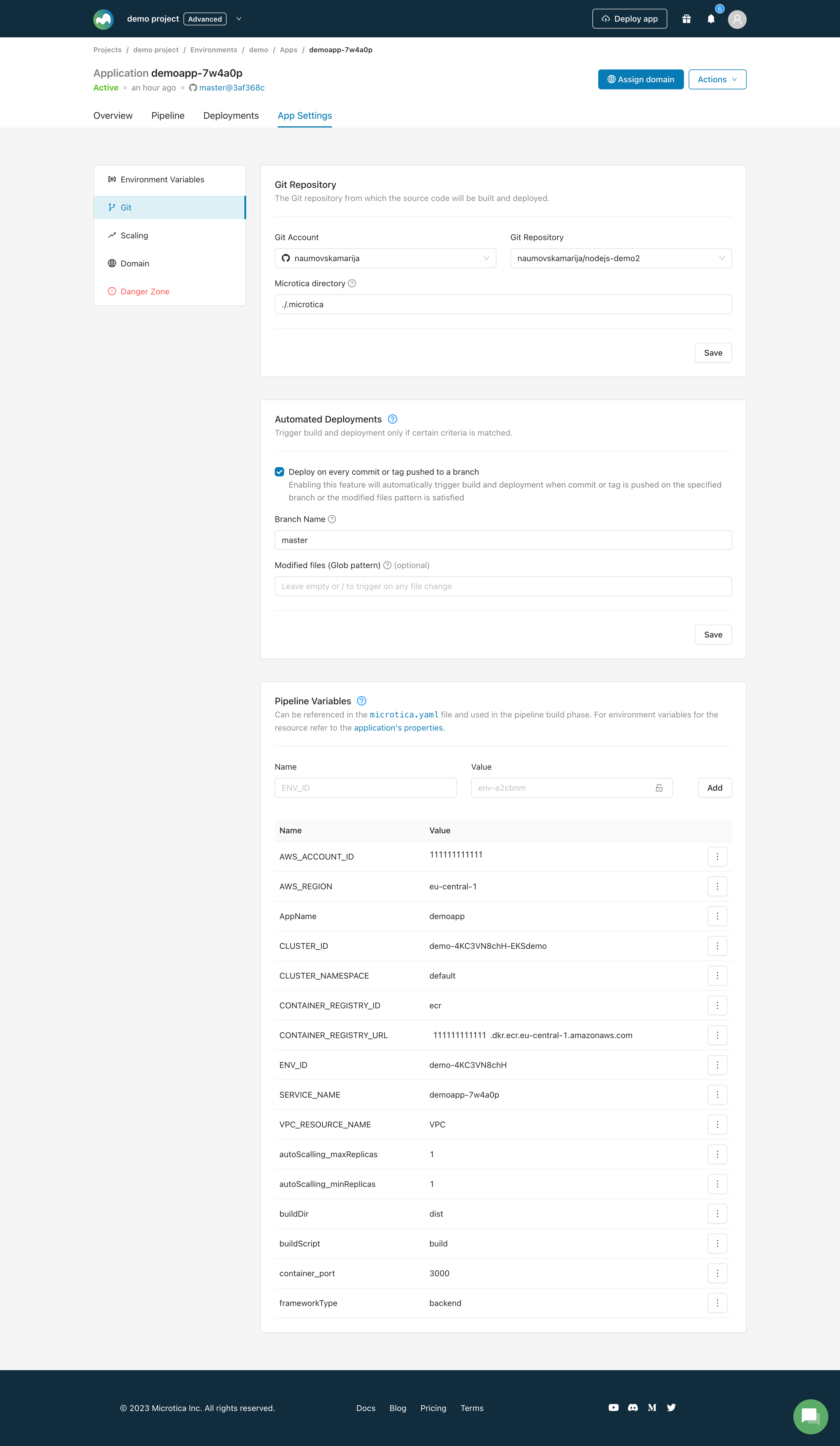 Git settings panel in App Settings with the deploy-on-commit option