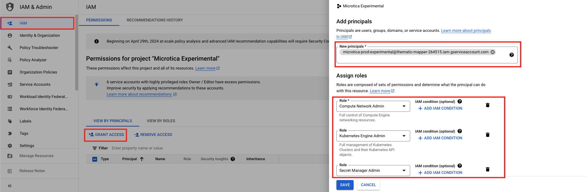Granting IAM roles to the service account in the GCP Console