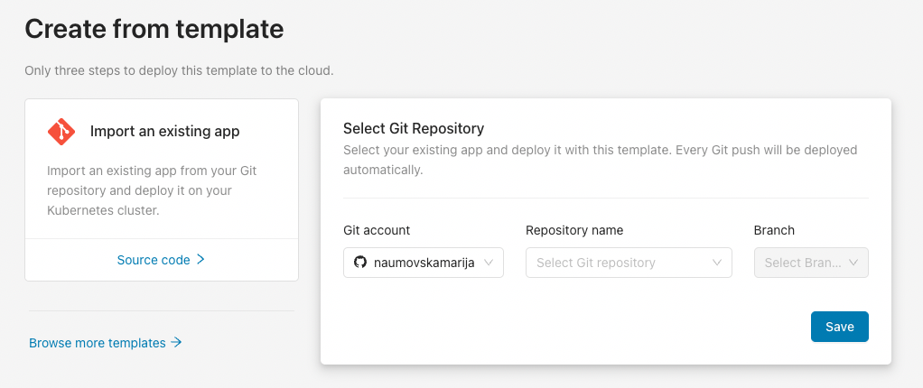 Import an existing app template Import an existing app template, selecting a Git repository