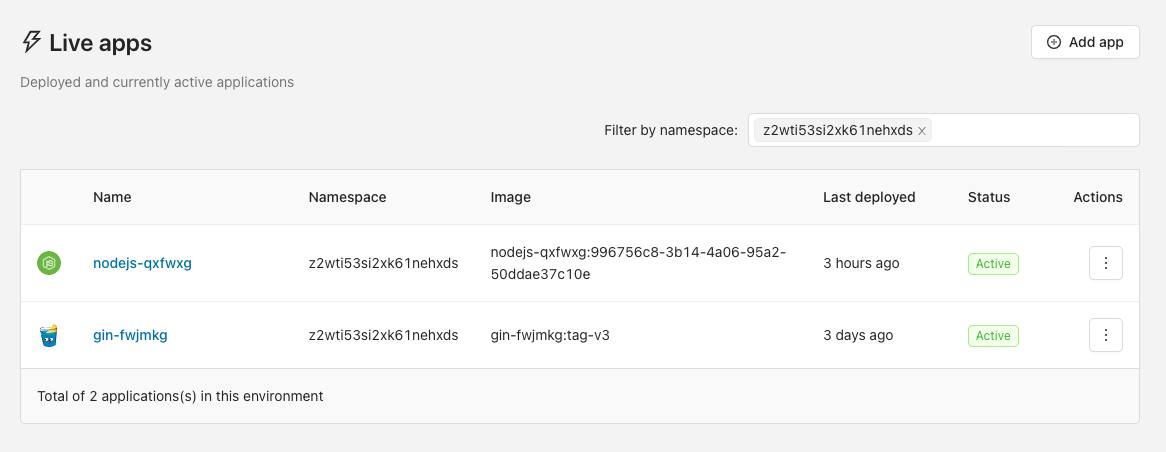 The Applications view in Microtica listing deployed Node.js apps