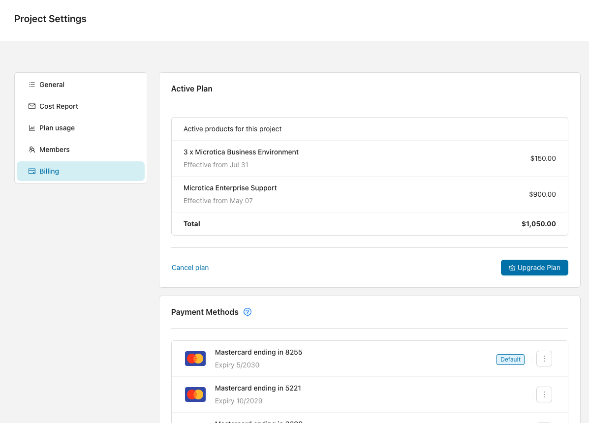 Upgrade your plan Billing page showing the current plan and Upgrade plan button