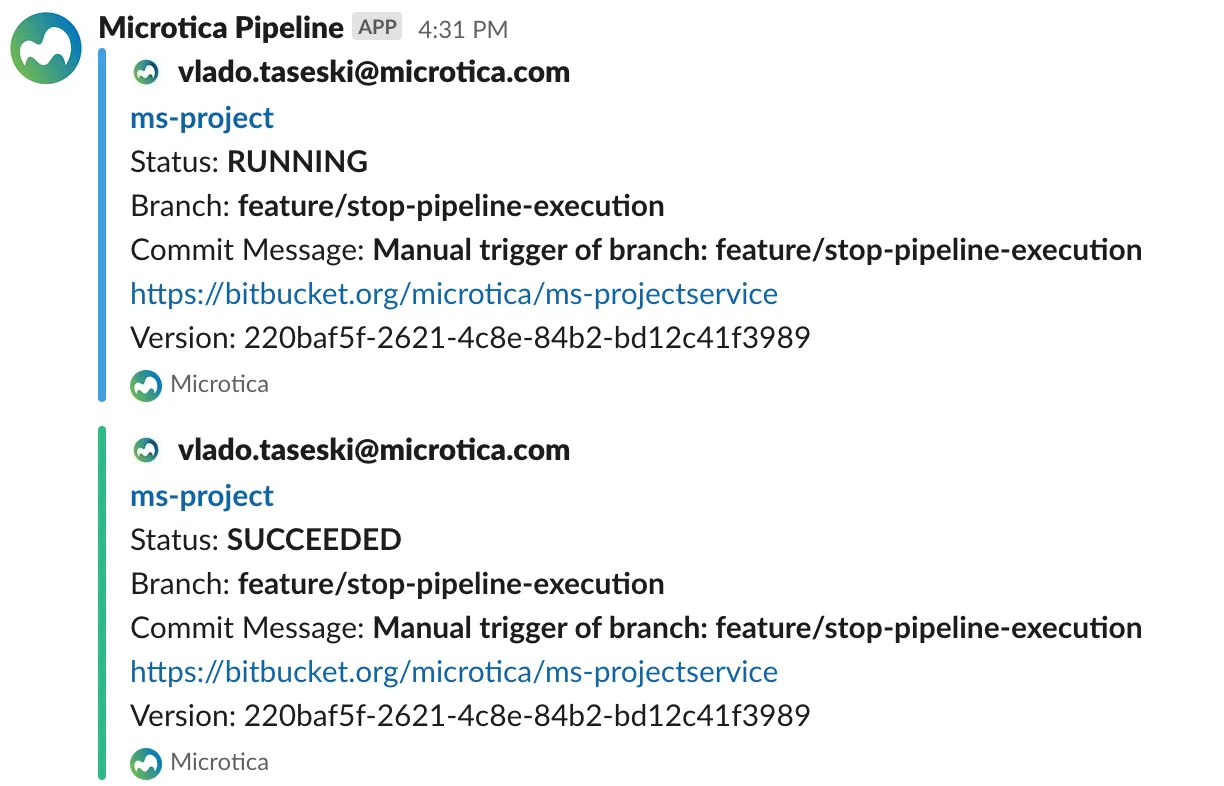 A Microtica pipeline posting a deployment notification to Slack
