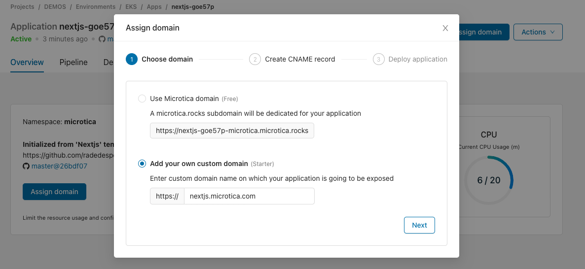 Dialog to choose between a free Microtica domain and a custom domain