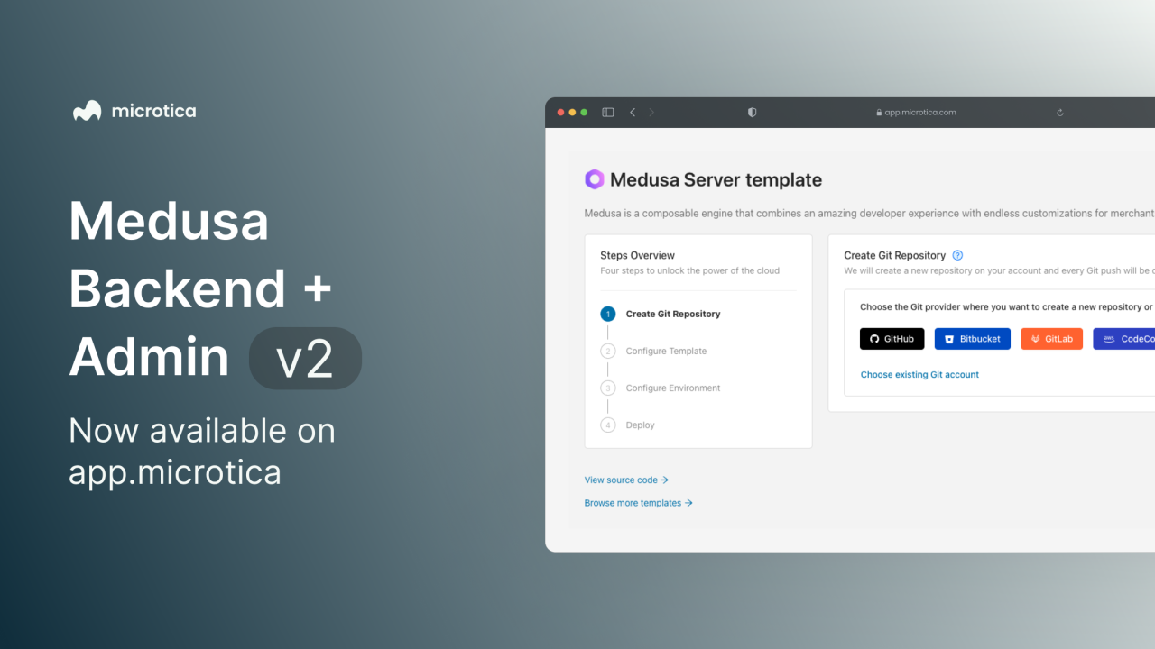 The updated Medusa e-commerce template in the Microtica console