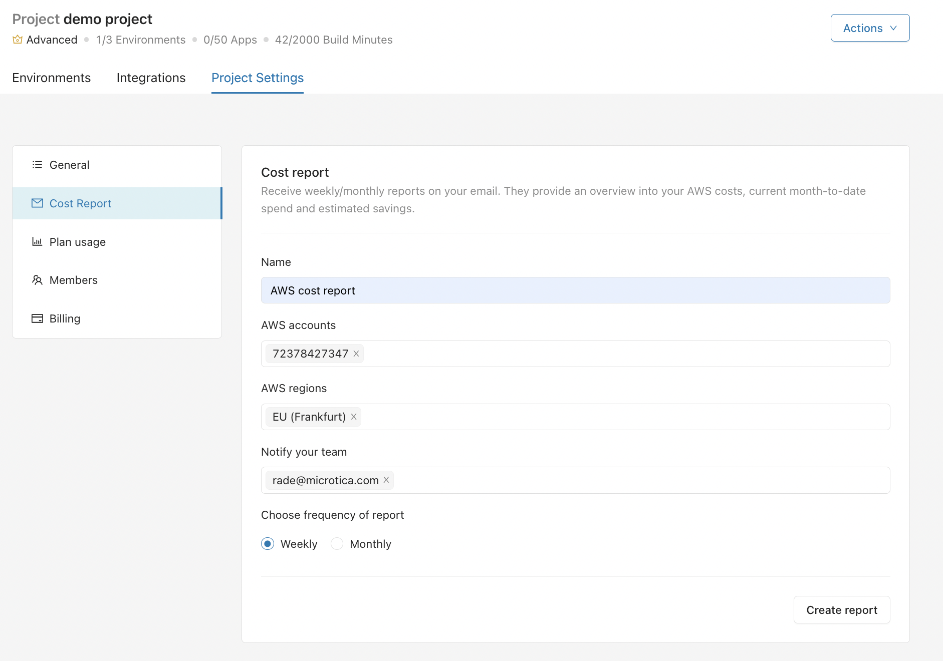 Cost Report configuration in Project Settings in the Microtica console