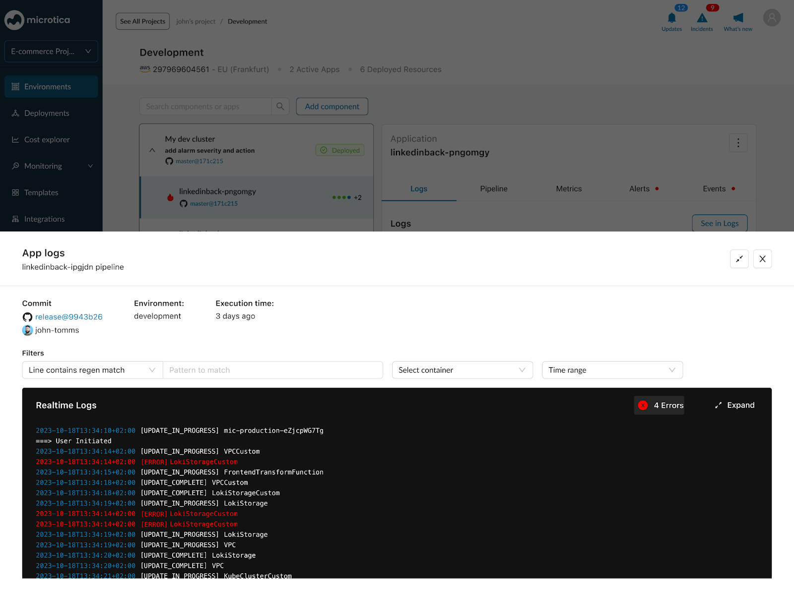 Application logs in the Microtica console
