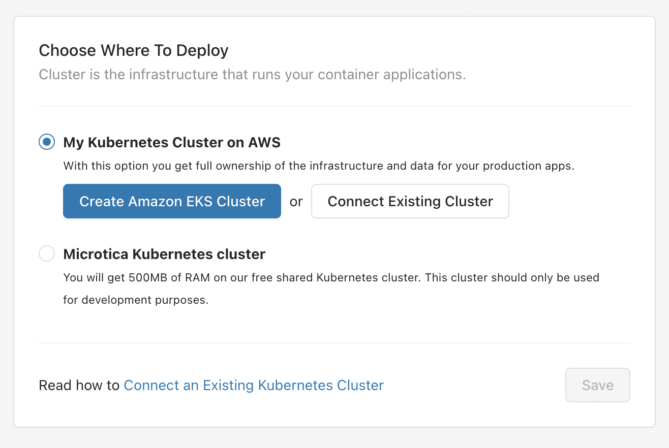Choosing a Kubernetes cluster where your Node.js application will deploy in Microtica