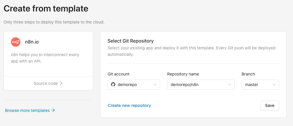 Import Git Repository Importing a Git repository when connecting an existing n8n application in Microtica