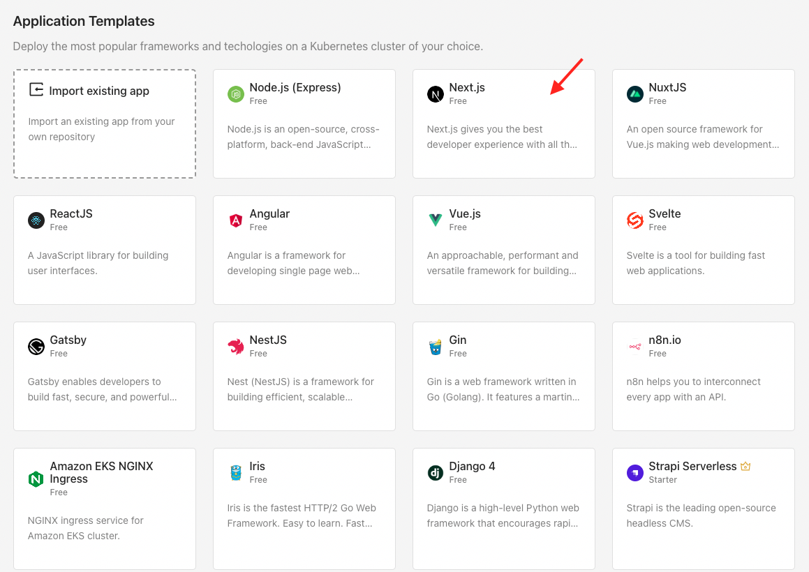 The Next.js template on the Microtica templates page