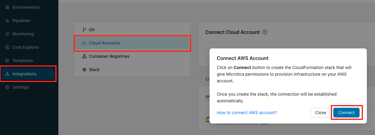 The Cloud Accounts tab in the Microtica console, with the Connect AWS Account button