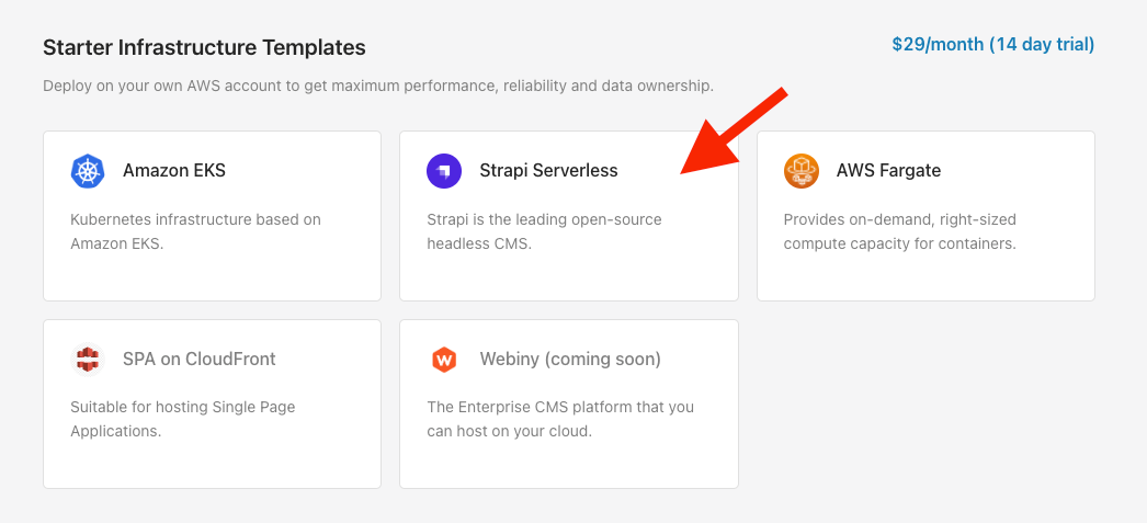 Select Strapi Serverless template Selecting the Strapi Serverless template in the Microtica console