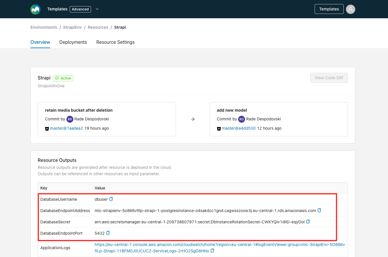 The database endpoint, port, and username in the Strapi resource outputs in Microtica