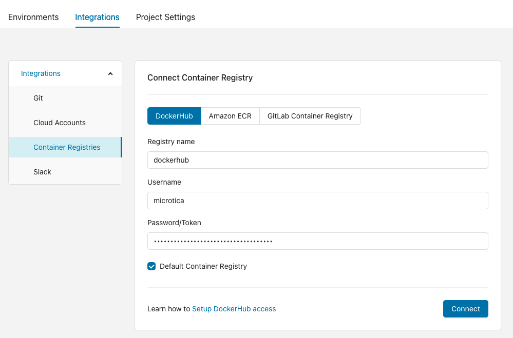Container Artifacts in Microtica Container Registries page in the Microtica console showing a connected Docker registry