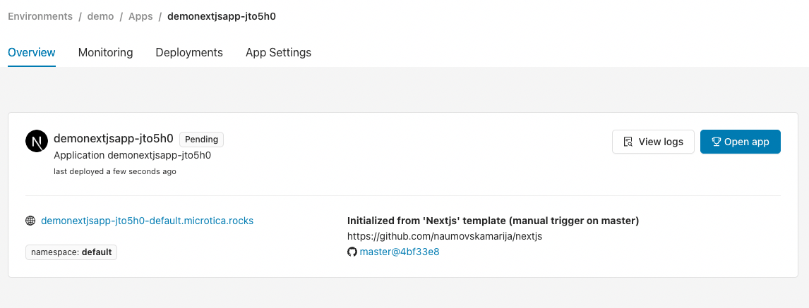 The application Overview tab where you assign a domain in Microtica