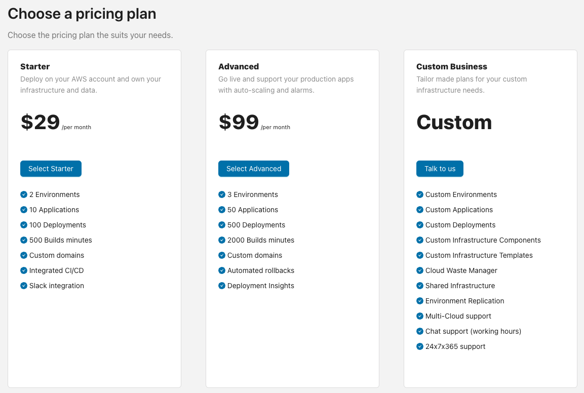 Choose a pricing plan Pricing plans page with Starter, Advanced, and Custom options