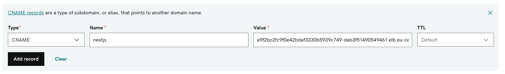 Adding a CNAME record in the GoDaddy DNS settings