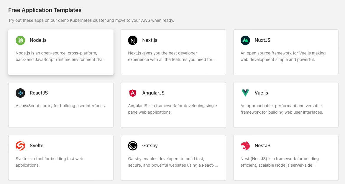 Selecting the Node.js template in the Free Application Templates section of the Microtica console