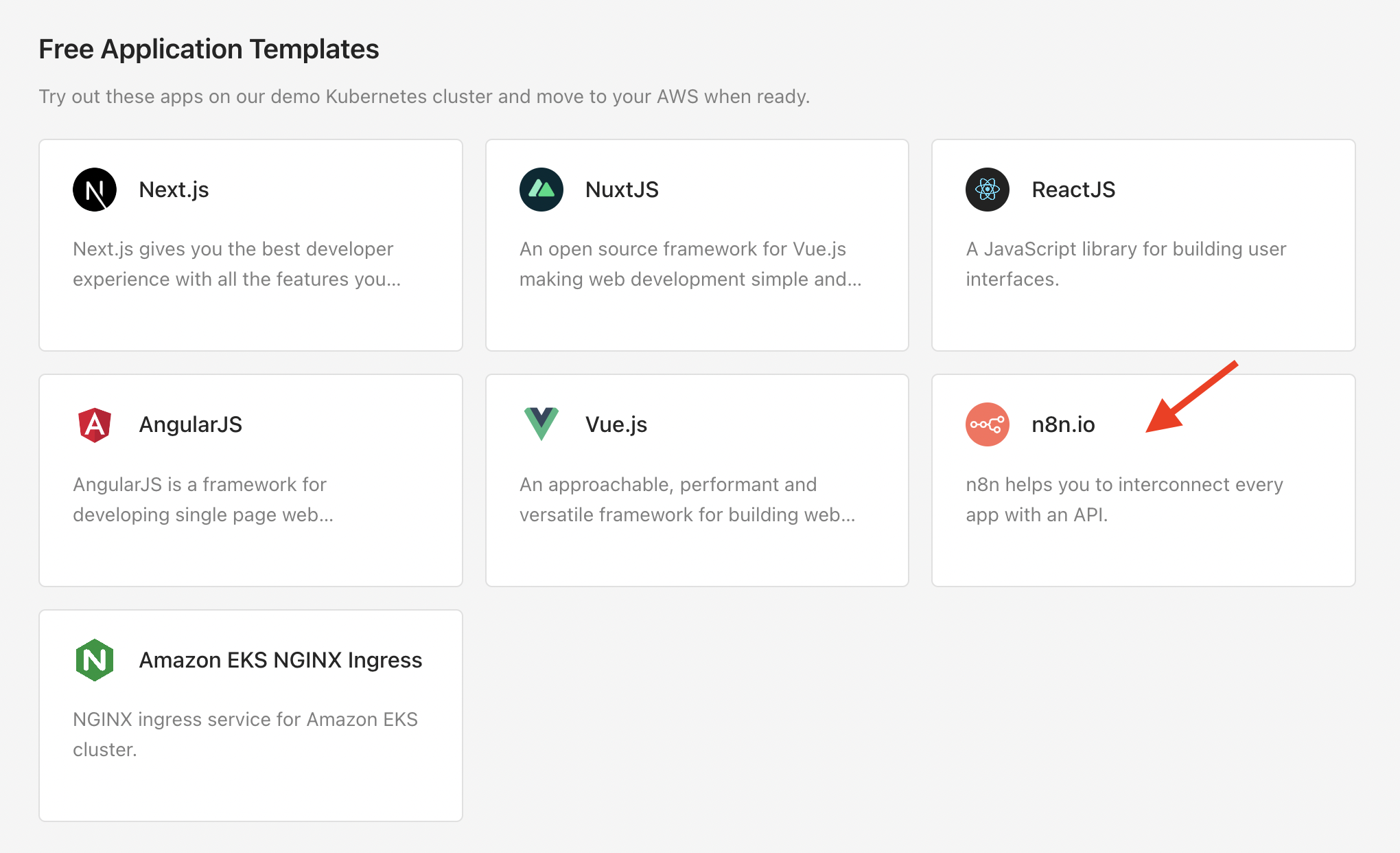 Select the n8n Template Selecting the n8n template in the Free Application Templates section of the Microtica console