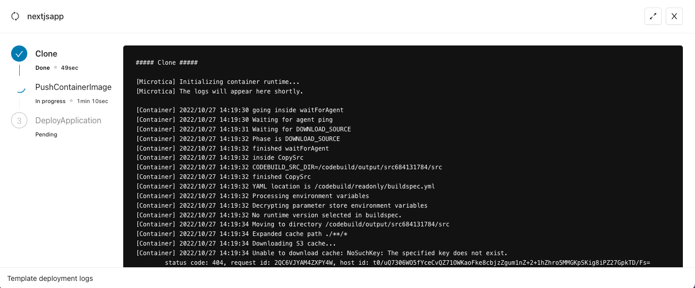 Following the application deployment logs in Microtica