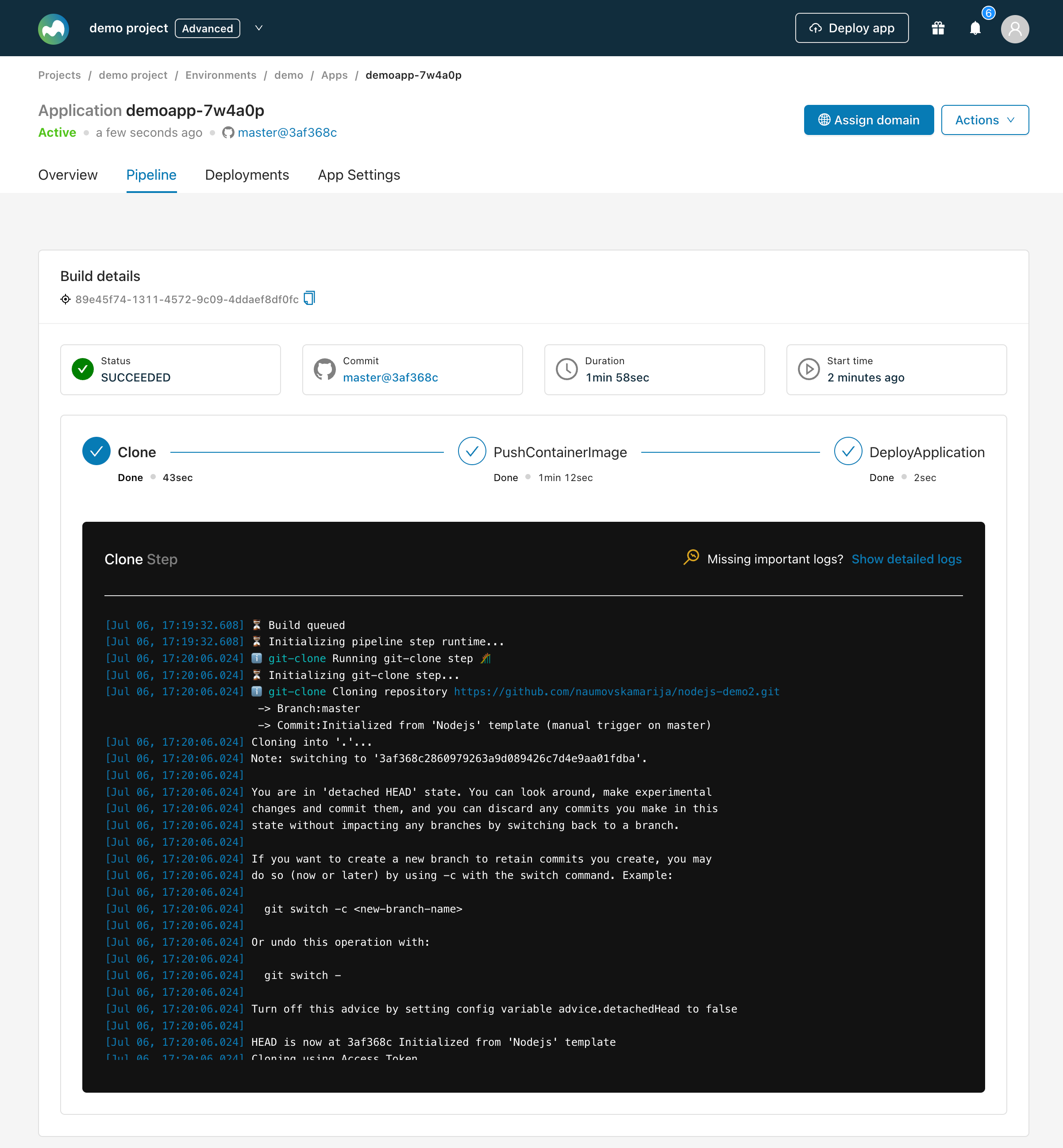 Pipeline details view tracking an automated deployment in Microtica