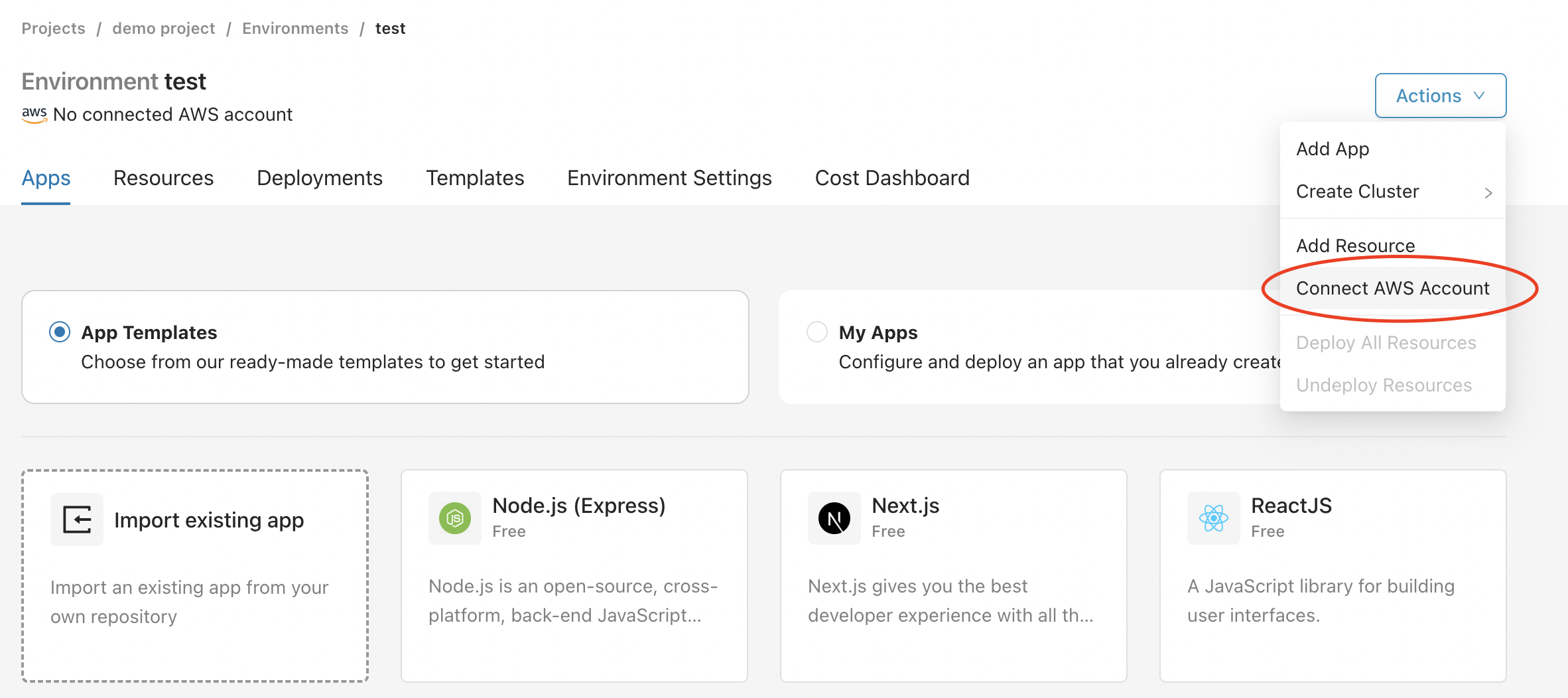 Connect AWS account option under the Actions menu of an environment