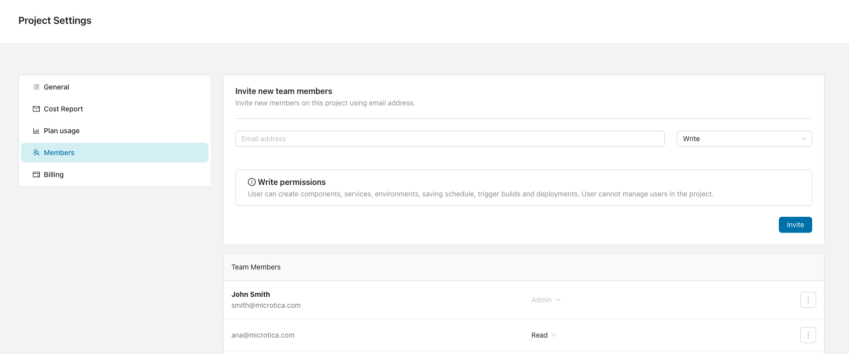 Members tab under project Settings in the Microtica console