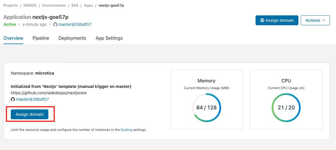 Apps list with the Assign domain button for an application