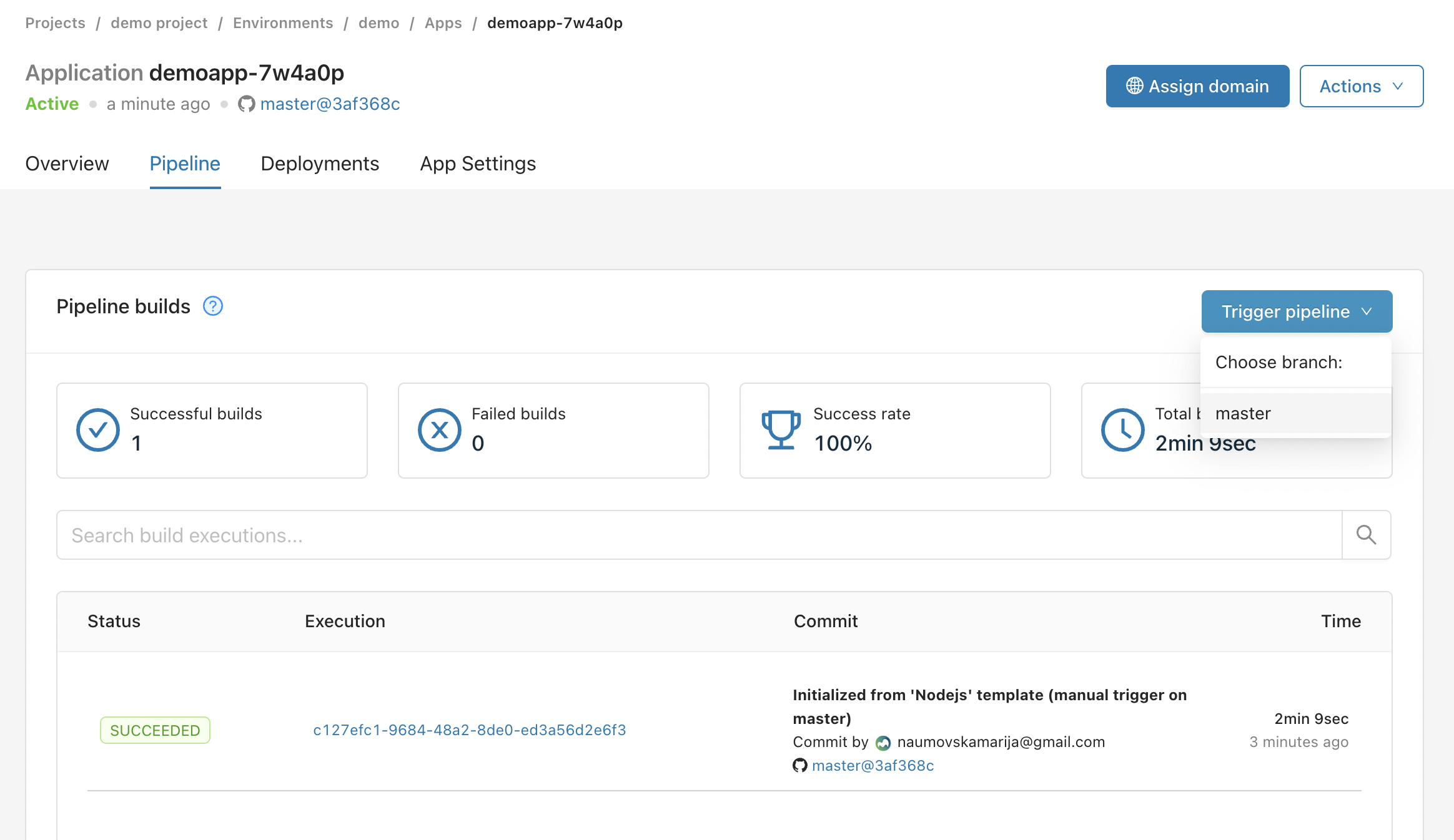 Trigger pipeline button on the Pipeline tab in the Microtica console