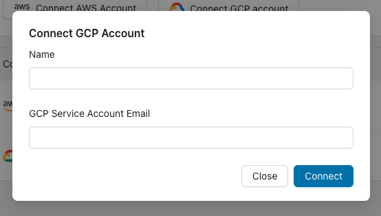 Connect GCP account dialog in the Microtica console