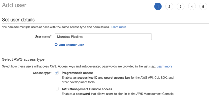 Adding an IAM user with programmatic access in the AWS Console