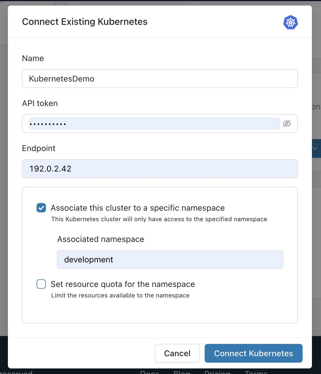 Create New Cluster dialog with the Connect Existing Cluster option in the Microtica console
